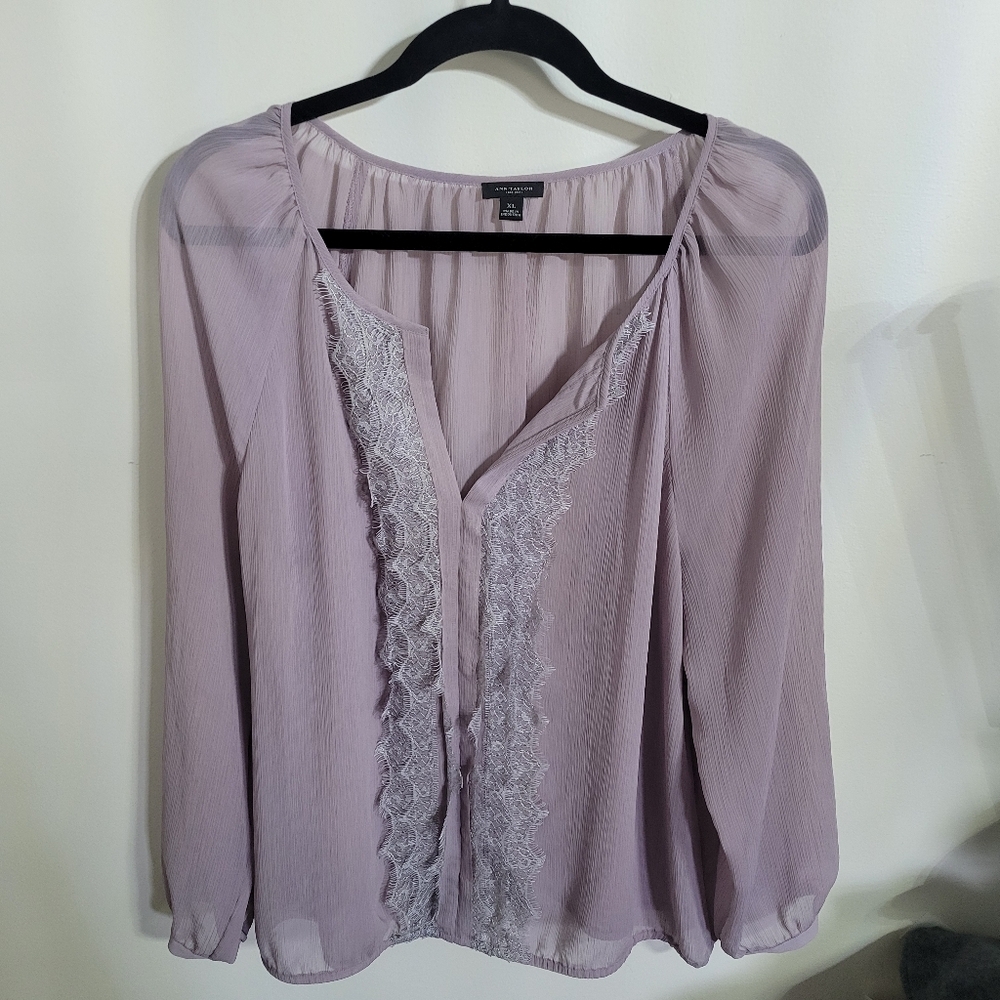 Ann Taylor Soft Purple Blouse with Lace Detail, Size XL